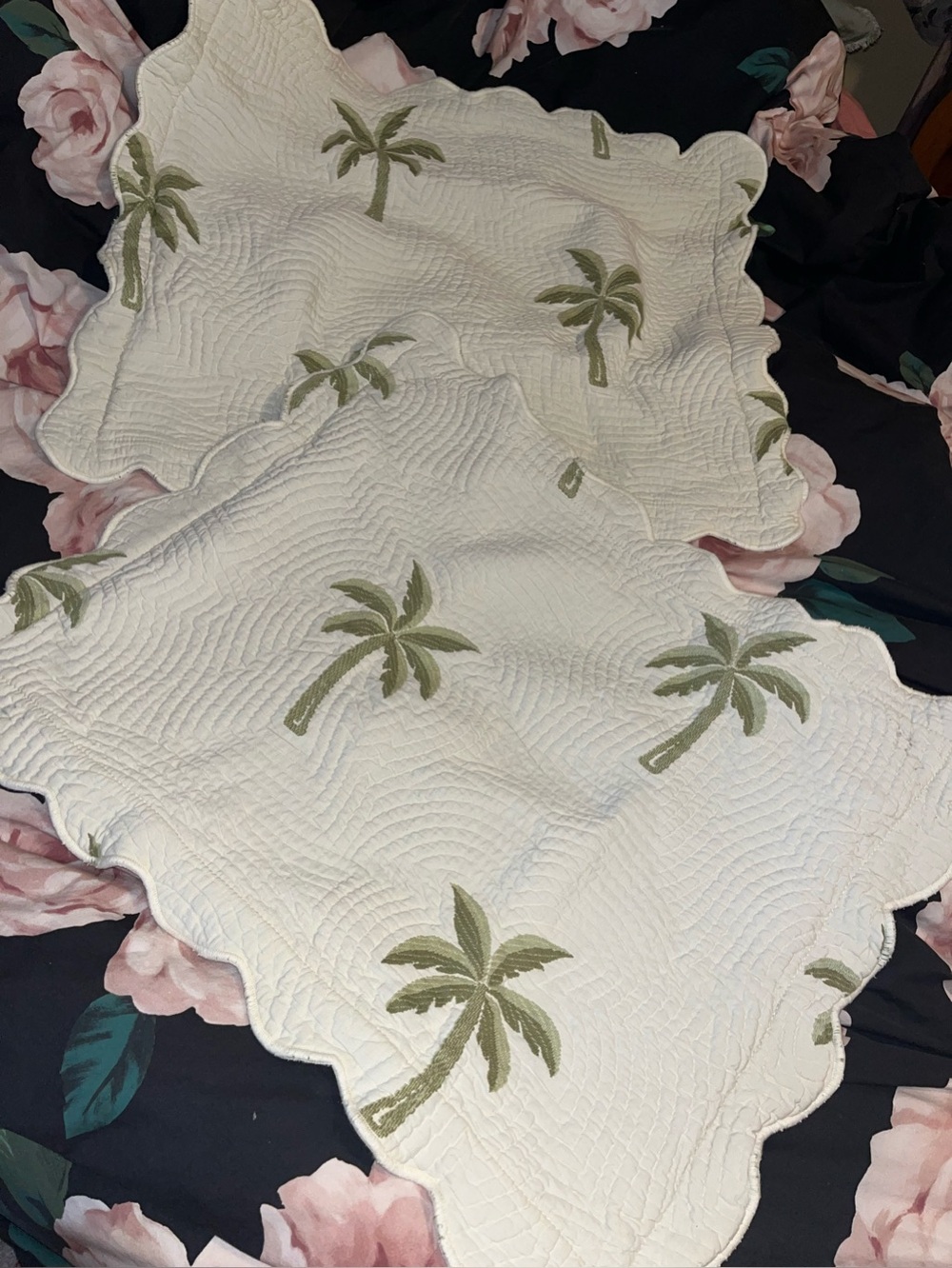 Waverly ~ Quilted Sham Set of 2 with Green Palm Embroidery~ 100% Cotton